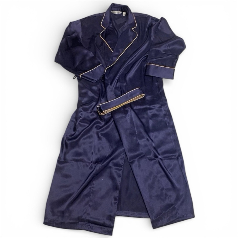 Vintage Victorias Secret Satin Robe Navy Gold Trim Belted Women Medium Excellent